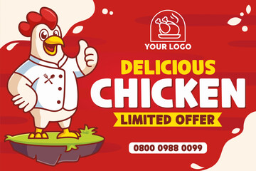 delicious chicken food advertisement vector illustration. cartoon chicken mascot promotion tamplate