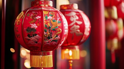 Chinese new year banner with circle for show product. Greeting card. China frame with lantern on red background. 