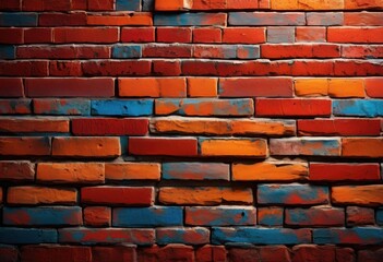 Fototapeta premium close view textured brick wall showcasing vibrant color variations unique patterns, vivid, design, rough, surface, stone, art, background, natural, decor