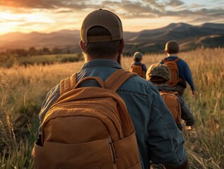 A Dad's Adventure Exploring Nature's Wonders with His Kids, Backpacks Packed with Snacks, Embracing the Joy of Family Hiking and Outdoor Exploration Creating Unforgettable Memories in the Great