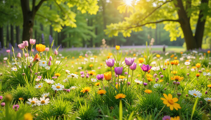 Fototapeta premium Colorful flower garden in a cheerful mood during springtime with sunlight and copy space