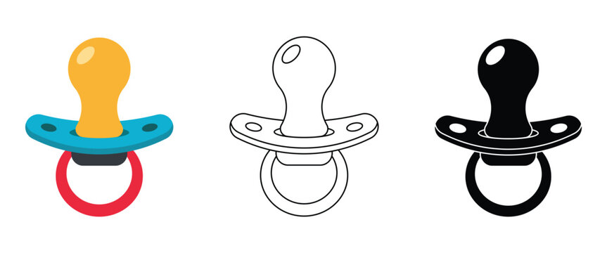 Pacifier baby vector icon set. Flat soother symbols for infant care, nursery design, and parenting essentials. Isolated on white background.