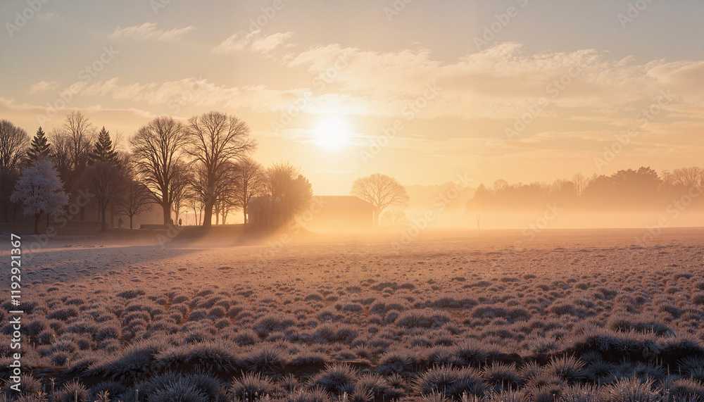 Fototapete Serene morning frost over a foggy field at sunrise with trees and soft light in a peaceful mood