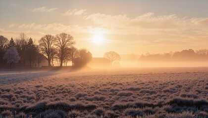 Serene morning frost over a foggy field at sunrise with trees and soft light in a peaceful mood