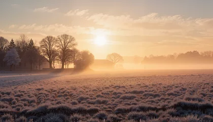 Serene morning frost over a foggy field at sunrise with trees and soft light in a peaceful mood
