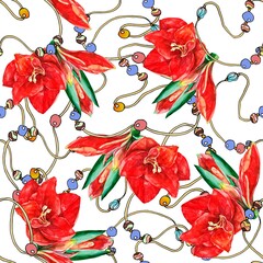  Watercolor seamless pattern with flowers amaryllis on a white background. Christmas elements with beads for decoration papers.
