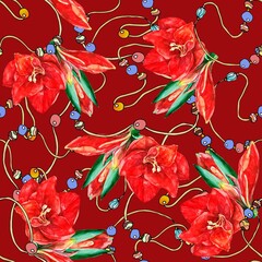 Watercolor seamless pattern with floral elements. Amaryllis and beads on red background.