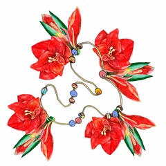 Watercolor  red amaryllis with beads on white background.  Illustration for decoration interior. 