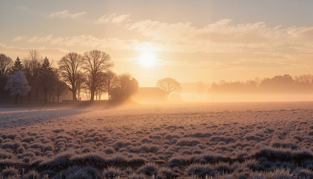 Serene morning frost over a foggy field at sunrise with trees and soft light in a peaceful mood