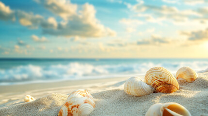 View of the sandy beach. Summer day. Shells in the sand.