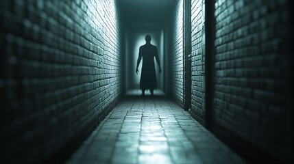 A shadowy figure stands at the end of a dark, narrow hallway, surrounded by brick walls, creating an eerie and suspenseful atmosphere.