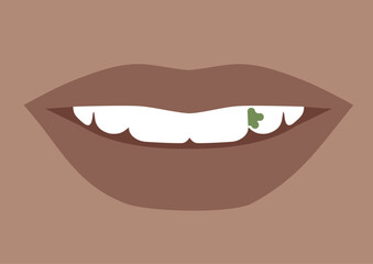 Close-up of a smile with a parsley leaf stuck between teeth, capturing a humorous and slightly embarrassing everyday moment in dental care and social interactions
