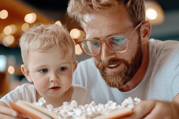 A heartwarming image of a father reading a bedtime story to his young son, capturing the essence of parenthood and the joy of teaching in a warm, cozy room filled with love and shared moments This