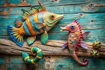 Obraz premium Handcrafted driftwood paper mache fish and seahorse; charming coastal home decor.