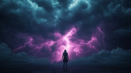 Fototapeta premium A silhouetted figure stands against a stormy sky, illuminated by vibrant purple lightning amidst dark clouds.