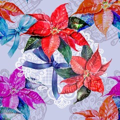 Seamless pattern with flowers, lace and bow on light blue background. 