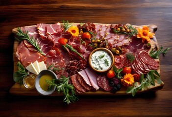 stunning display delectable meat platter arranged elegantly stylish serving board enhanced gourmet accompaniments, appetizers, cheese, charcuterie, deluxe