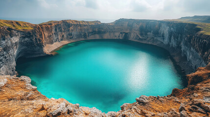 A volcanic crater lake with vibrant turquoise water surrounded by rocky cliffs