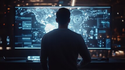 Young caucasian male analyzing futuristic digital global map interface.