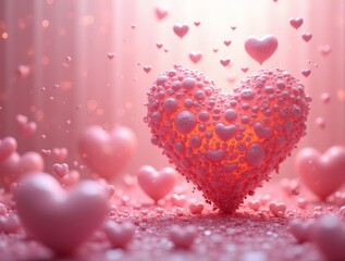Fototapeta premium Colorful heart shape with bubbles surrounded by smaller hearts in a dreamy background