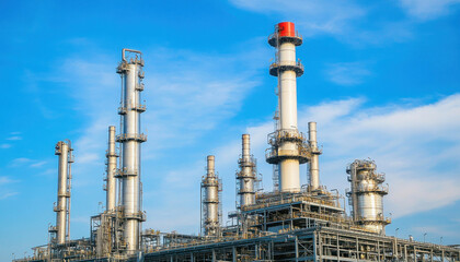 Oil and gas refinery plant processing fuel under blue sky
