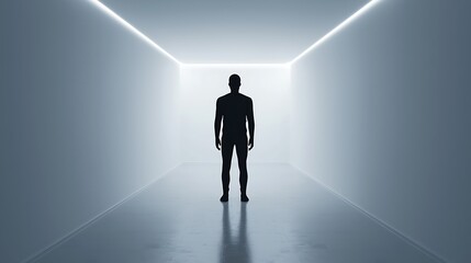 Obraz premium A solitary figure stands in a minimalistic, illuminated hallway, creating a sense of mystery and contemplation.