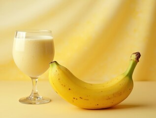 Smooth banana drink served in a glass with a fresh banana beside it on a yellow background