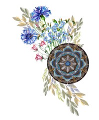 Watercolor bouquet of wild flowers with mandala on white background. 