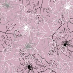 Graphic  seamless floral pattern with flowers clematis on pink background. 