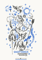 Obraz premium Hand drawn sagittarius zodiac signs illustration, horoscope background with astrology symbols and talismans