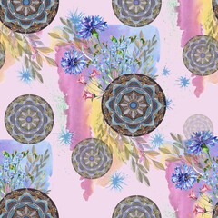 Watercolor bouquet of wild flowers with mandala on watercolor splashes.