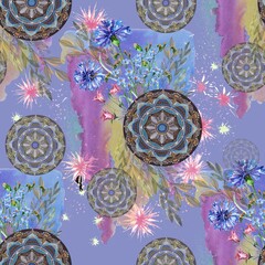 Watercolor seamless pattern with field flowers and colorful mandala on watercolor splash background. 