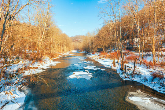 Patapsco River during a winter sunrise. Patapsco Valley State Park. Winter. Ellicott city