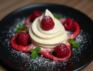 Exquisite dessert featuring raspberry sauce served on a black plate with fresh berries