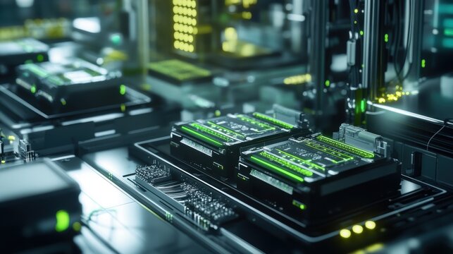 Quantum computing processors are operating at high frequency, generating immense processing power and driving innovation in a futuristic data center