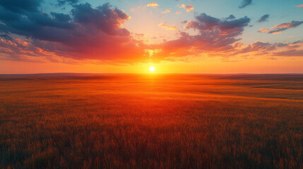 Fototapeta premium Endless prairies stretching to the horizon under a vibrant orange sky at dusk