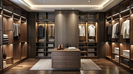 Minimalist interior design of modern luxury wardrobe walk in closet with wooden brown wall