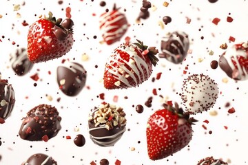Fototapeta premium Flying pieces of chocolate-covered strawberries with various designs and toppings