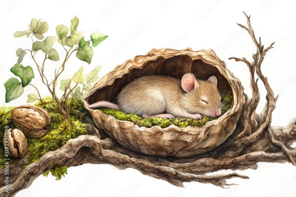 Poster Whimsical illustration of a sleeping mouse in a walnut shell among natures greenery and twigs. Generative AI