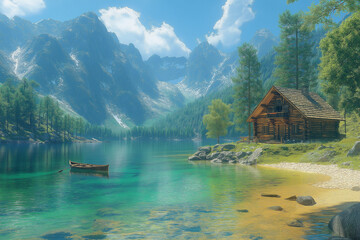Fototapeta premium Cabane paisible au bord d’un lac de montagne avec barque et eau cristalline