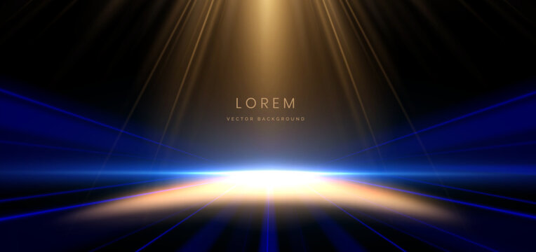 Abstract futuristic glowing blue and gold light ray  on black background.