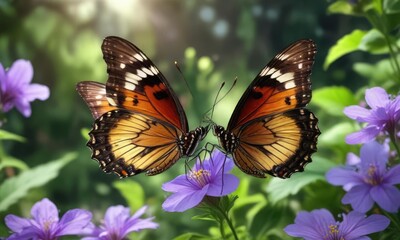 Fototapeta premium A butterfly sips nectar from a violet flower's center with a blurred background of green leaves, flowers, natural