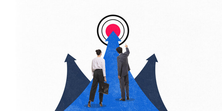 Employees standing on split blue arrows pointing towards central red target, symbolizing strategy and unified vision. Conceptual design. Concept of business, strategy, operations, achievement