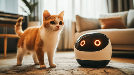 A cat standing side by side with a robot cat in a cozy living room, Pets and technology