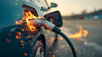 Electric Car Charger Fire Hazard with Sparks and Flames