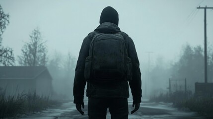 Person with backpack facing away in foggy landscape.