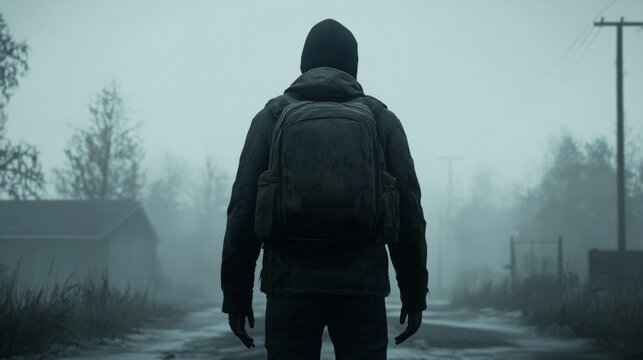Person with backpack facing away in foggy landscape. - Powered by Adobe