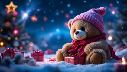 Cozy Teddy Bear in Winter Wonderland