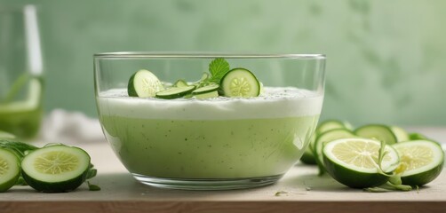 A chilled cucumber soup with yogurt and lemon garnished with sliced cucumbers, served in a clear glass bowl against a light green backdrop , food, meal, lemon