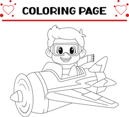 cute boy driving plane coloring page for kids